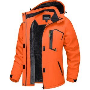 Women's Orange Windbreaker Waterproof Ski Snow Fleece Hood Jacket Coat Winter